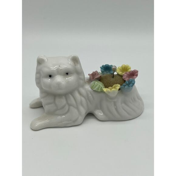 None Other - Vintage White Cat Porcelain Pin Cushion Multicolor Pastel Flowers Made in Taiwan